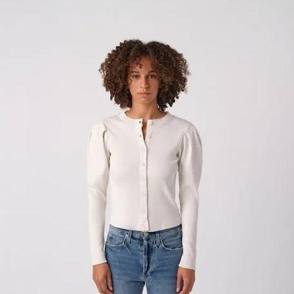 AMO Size S Off-White Puff Sleeve Cardigan Button Up Ribbed
